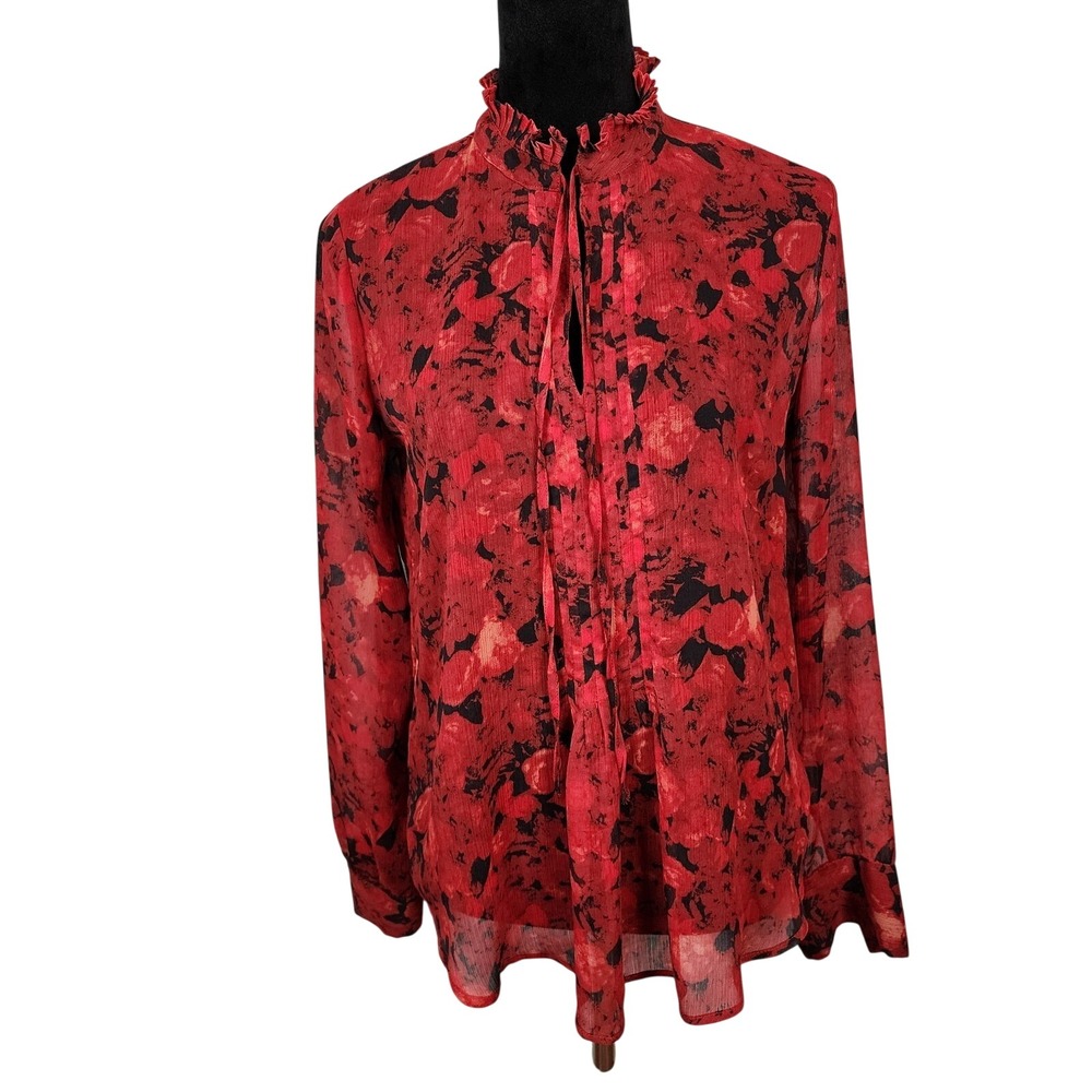 JOE FRESH Size Medium Sheer Red Black Rose Ruffle Collar Pleated Chiffon Blouse